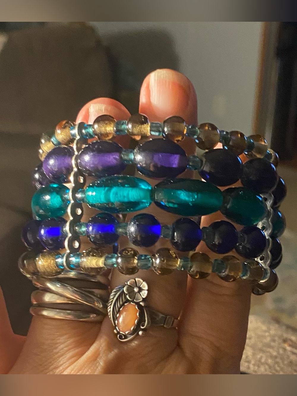 Vintage 90s Chunky Glass Bead Multi-Strand Memory Wire Wrap Bracelet Boho chic